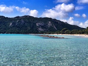 Una playa con agua turquesa cristalina, afloramientos rocosos y una montaña boscosa al fondo.