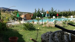 Un área de piscina con sillas de descanso y sombrillas, rodeada de vegetación y un edificio de madera.