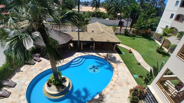 Uma piscina com design circular, rodeada por palmeiras e um gramado bem cuidado.