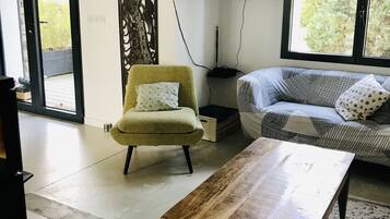 Smart TV, fireplace, books, offices
