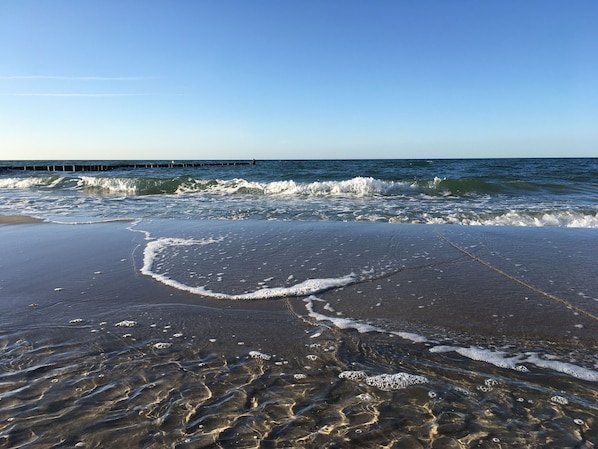 Uma praia com água cristalina, ondas e um píer ao fundo.