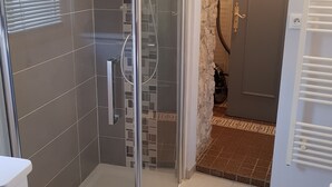 Eine begehbare Dusche mit Glaswänden, geflieste Wände, eine weiße Toilette und eine Tür zu einem gefliesten Flur.