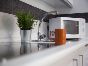 A kitchen with a white microwave, a stainless steel sink, and a potted plant.