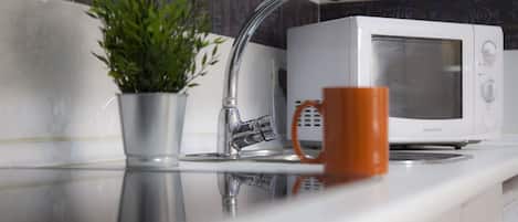 Fridge, microwave, stovetop, coffee/tea maker