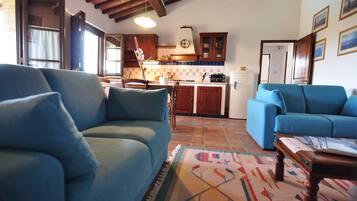 TV, fireplace, books, stereo