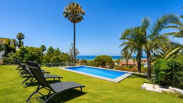 Zona de piscina con sillas de descanso, una palmera y vista al océano.
