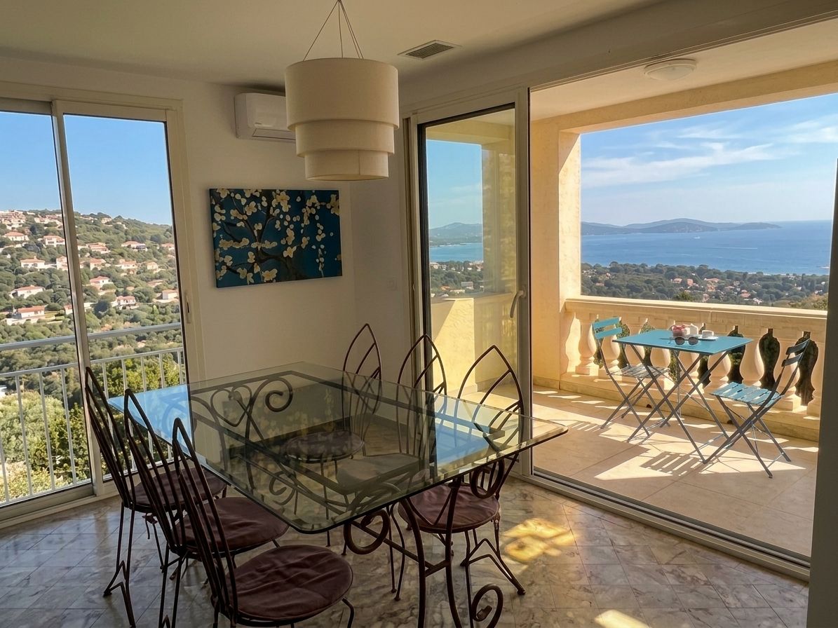 A dining area with a glass table and chairs, a painting on the wall, and a view of the sea and hills through large windows.