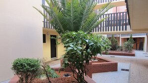 A courtyard with a palm tree, a small bush, and a brick planter. - Apartment for 6 persons with swimming-pool and tennis in condominium (Capbreton)