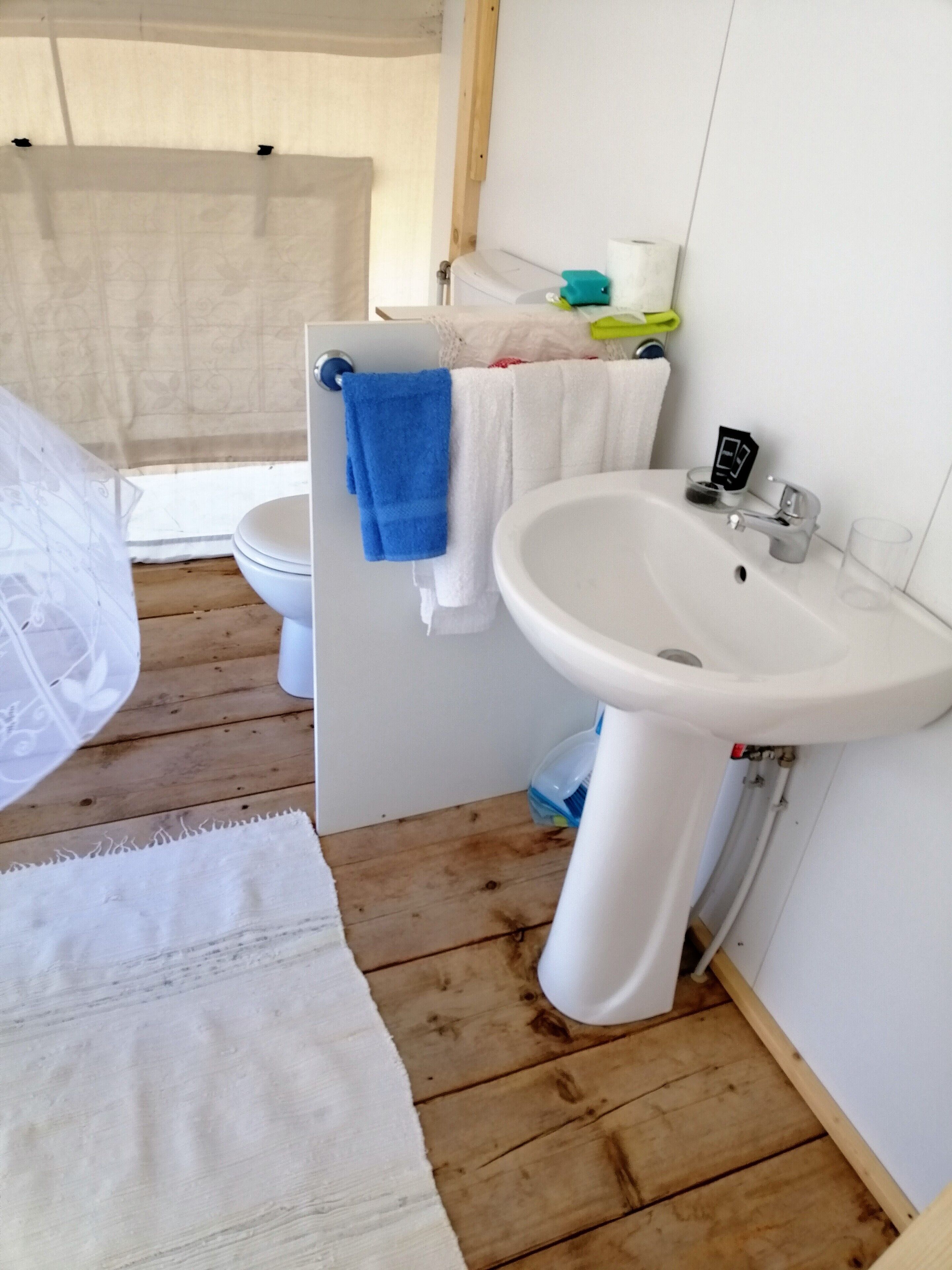 A compact bathroom with a toilet, sink, and a shower area.