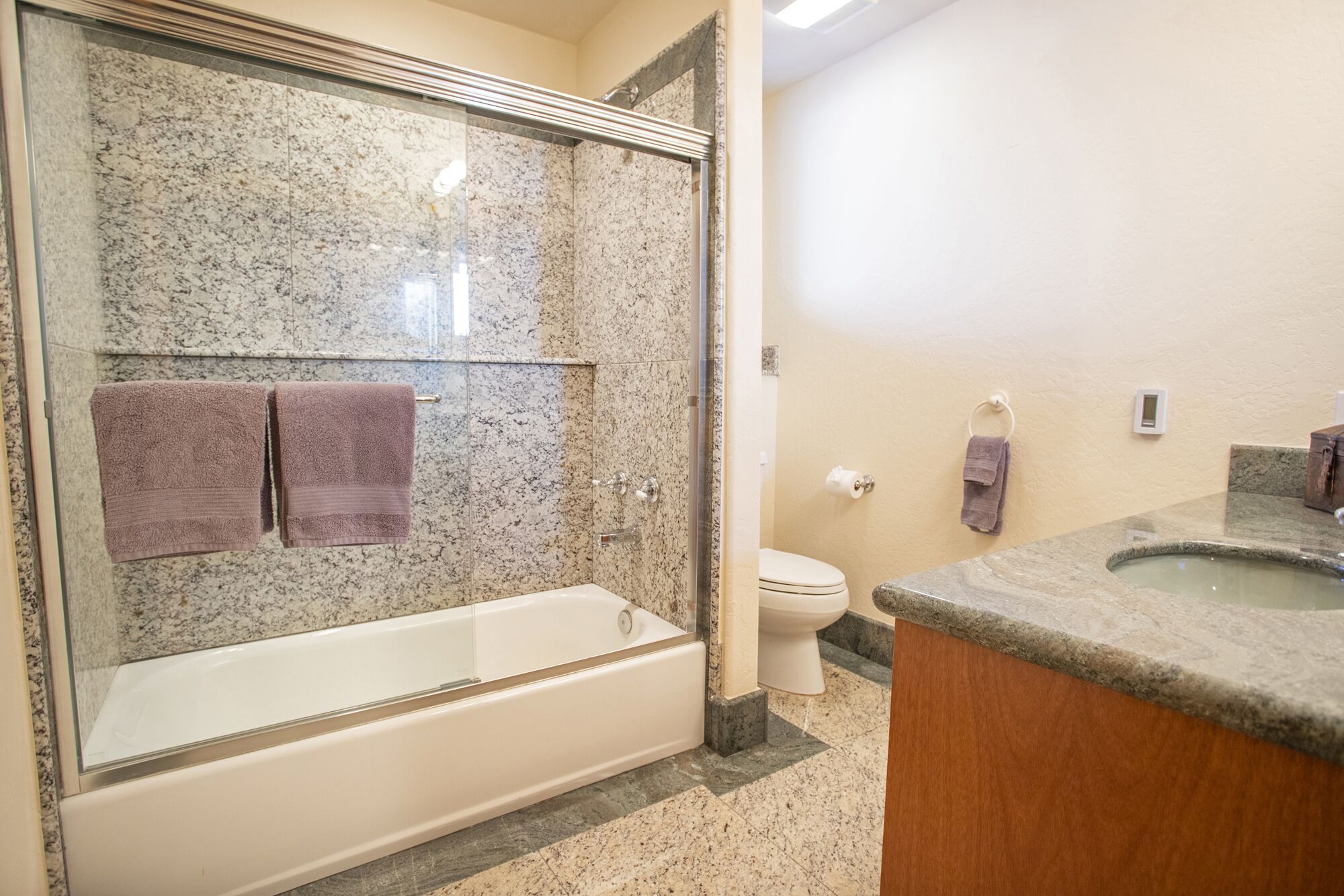 A bathroom with a glass-enclosed shower, a white bathtub, a toilet, and a granite countertop sink.