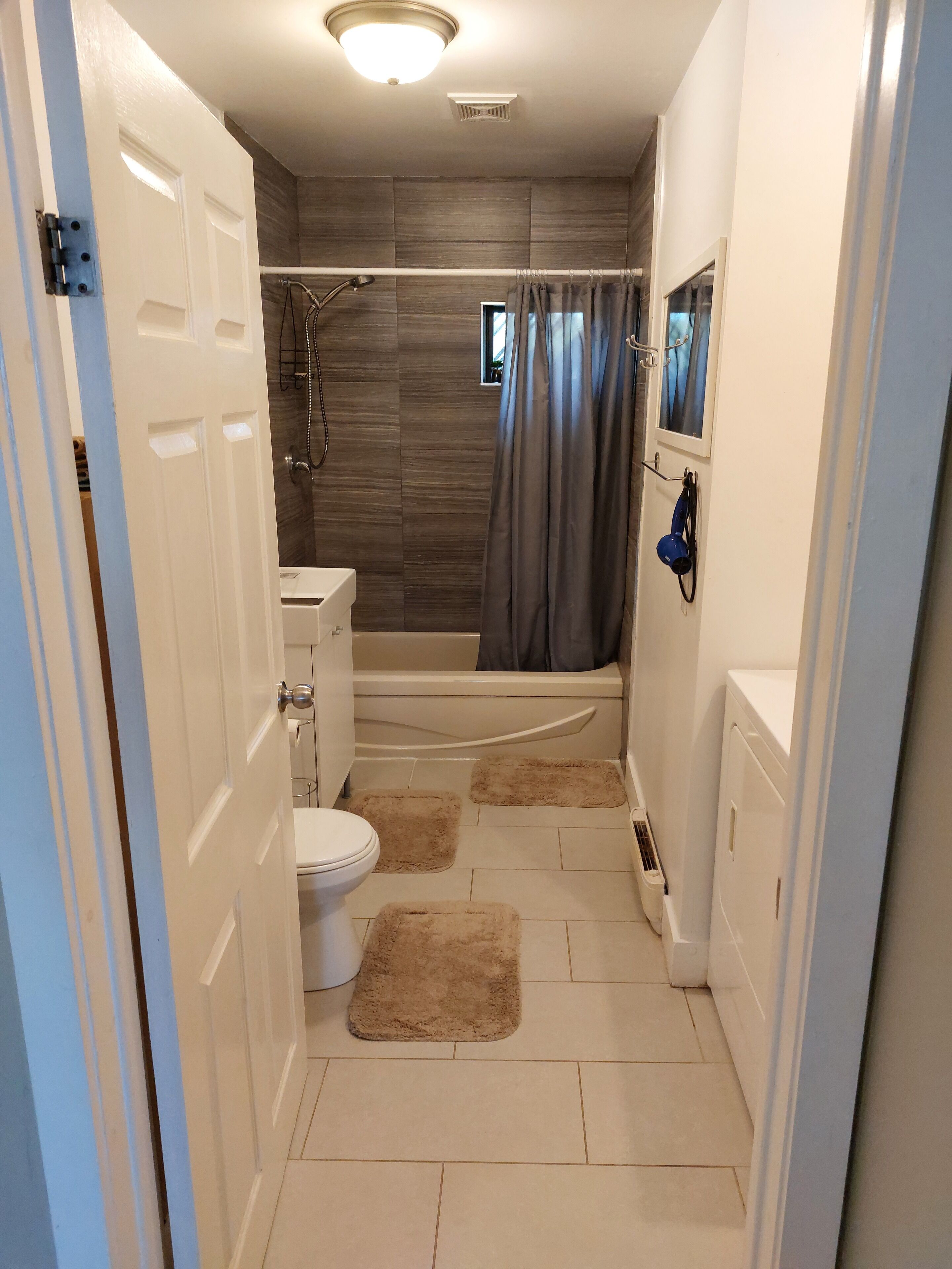 Hair dryer, towels, soap, shampoo