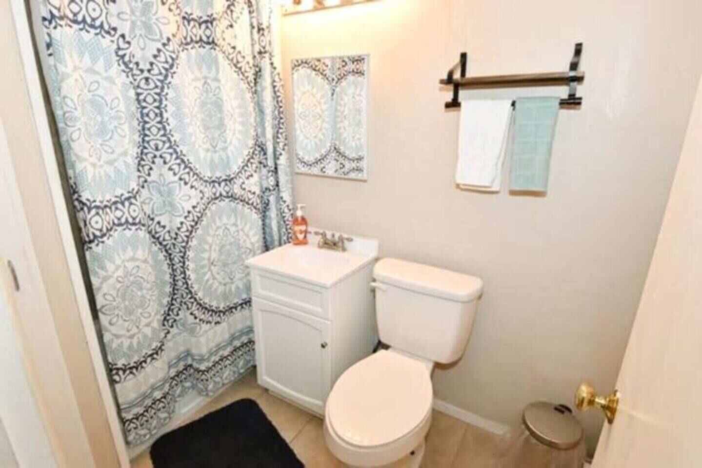 Bathtub, hair dryer, towels, toilet paper