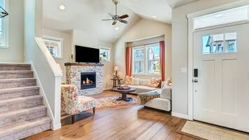 Smart TV, fireplace, books