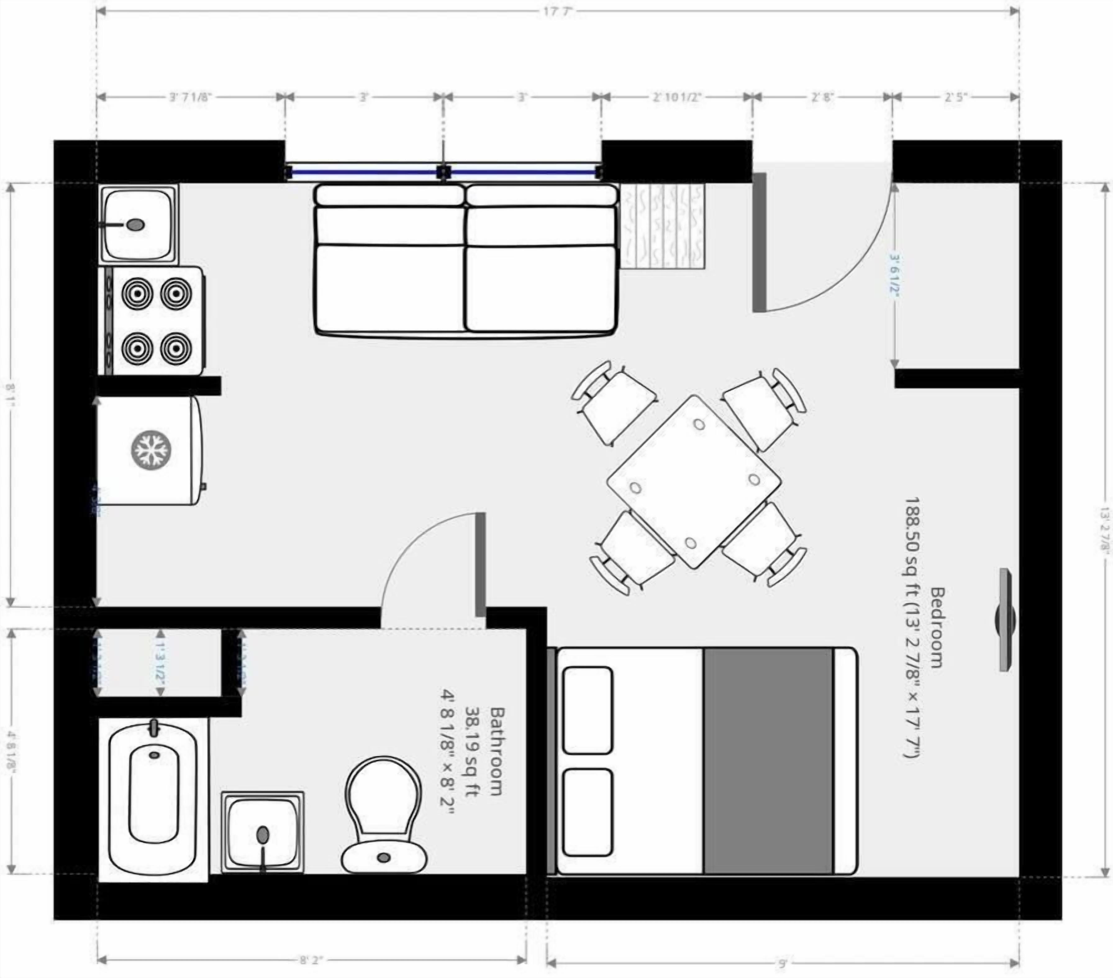 A floor plan of a compact apartment with a kitchenette, a bathroom, a bedroom, and a dining area.