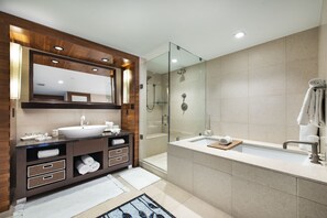 Bathtub, hair dryer, towels, soap