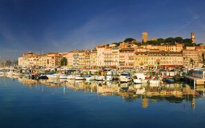 A marina with boats docked, surrounded by historic buildings with a prominent tower.