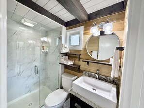 Chuveiro, secador de cabelo, toalhas de banho, shampoo