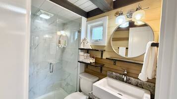 Chuveiro, secador de cabelo, toalhas de banho, shampoo