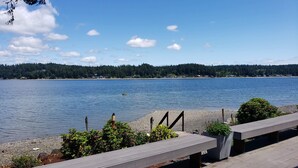 Una terraza de madera con bancos que da a un lago tranquilo, rodeada de follaje y una orilla boscosa.