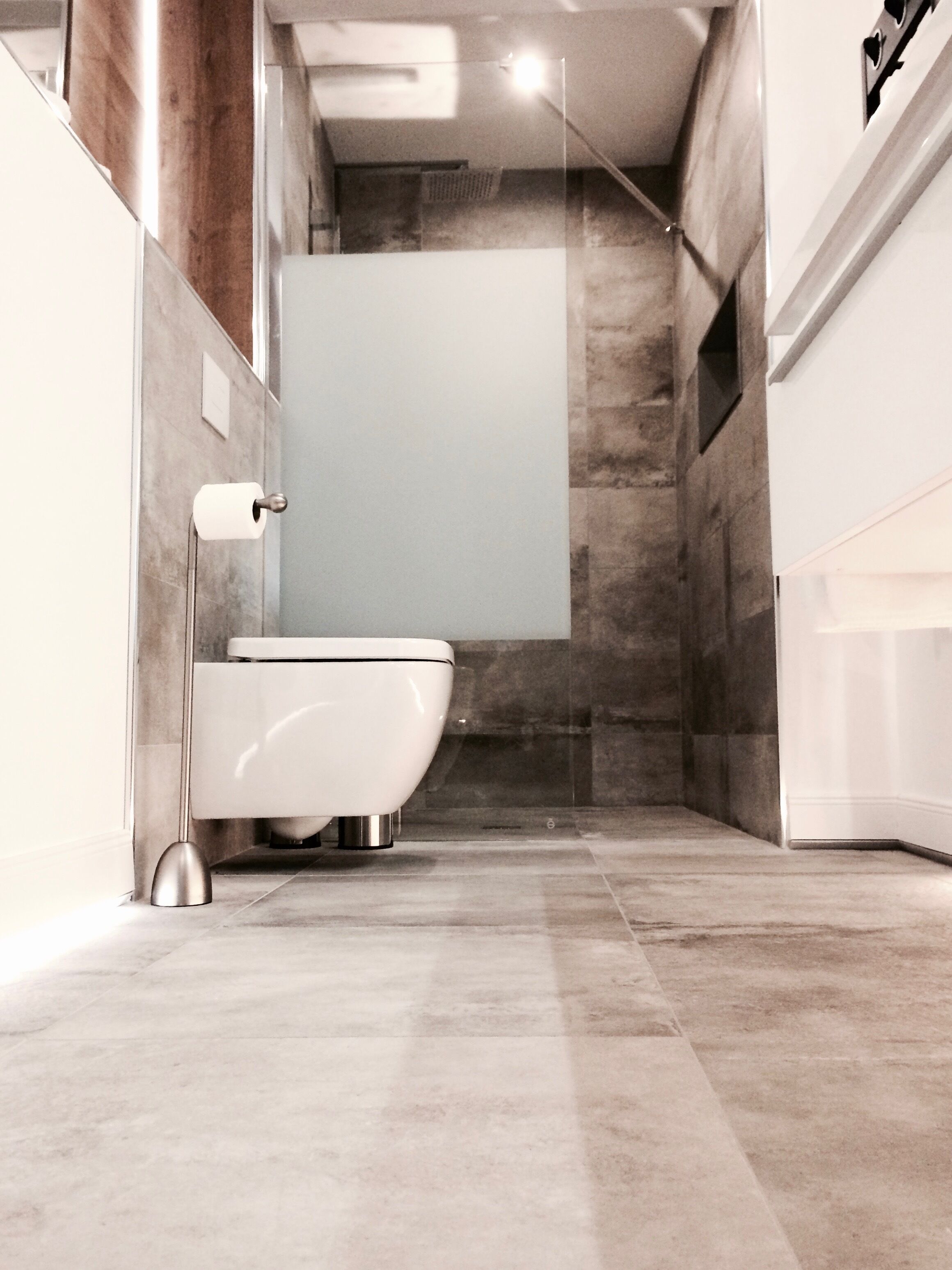 A modern bathroom with a freestanding toilet, a shower, and a toilet paper holder.