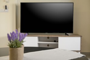 Relax in this inviting space with a flat-screen TV, comfortable seating, and a potted plant.
