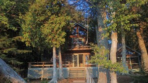 Eine Holzhütte mit einer Terrasse und einer Treppe, die zu ihr hinaufführt, umgeben von Bäumen.