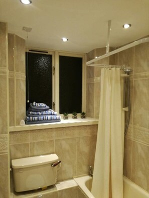 A bathroom with a toilet, a bathtub, and a shower curtain.