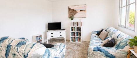 Una sala de estar con dos sofás, un televisor, una estantería y un cuadro en la pared.