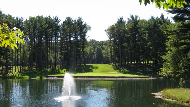 A tranquil pond with a fountain, surrounded by a well-maintained grassy area and dense trees.