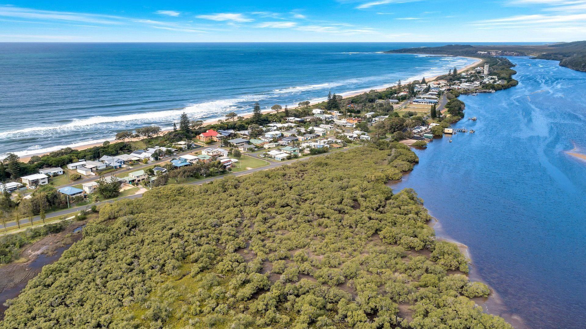 An aerial view of a coastal town with houses along the beachfront, a river, and dense greenery.