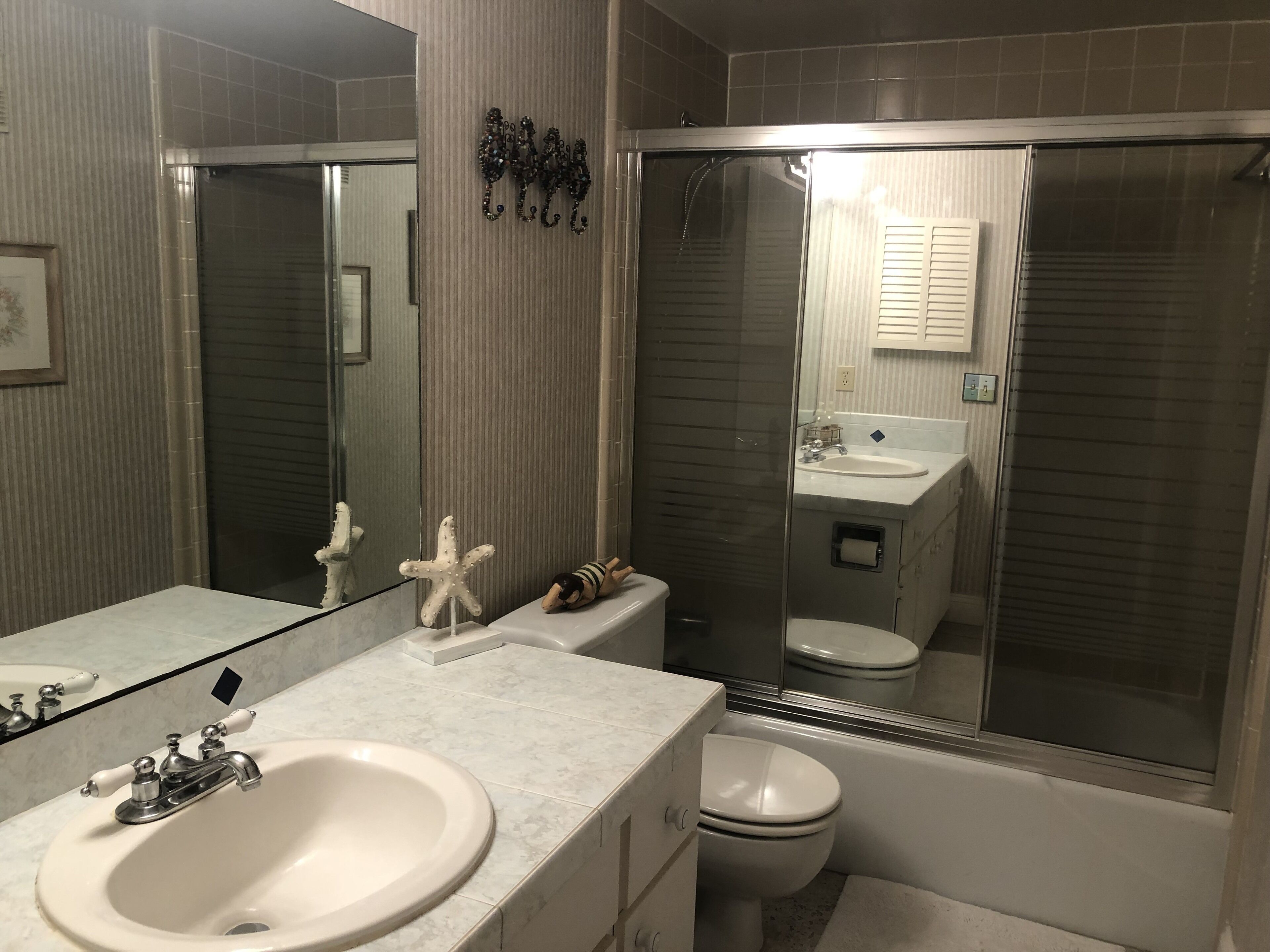 Combined shower/bathtub, hair dryer, towels, soap