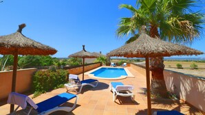 A rooftop pool area with lounge chairs and thatched umbrellas, surrounded by palm trees and a clear view of the landscape. - Alcoraia 408 traditional finca with private pool, terrace, barbecue and air conditioning (Campos)
