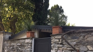 A stone wall with a black door, potted plants, and a tree in the background. - The dock of Villa Sardagna (blevio)
