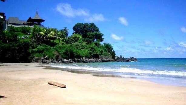 A beach with a wooden structure, lush greenery, and a clear blue sky. - Casa Clara | 6BR Villa with Pool & Ocean View | Sleeps 12, Bacolet Tobago (Tobago)