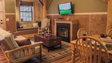 Smart TV, fireplace, DVD player, books