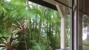 A balcony with a view of dense tropical foliage. - Hawaiian Escape with all the Amenities  (Kapolei)