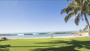 A beach with clear skies, a grassy area, and a palm tree. - Hawaiian Escape with all the Amenities  (Kapolei)