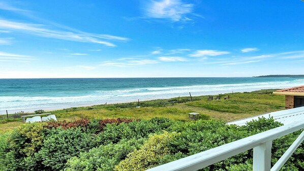 A coastal view with a balcony overlooking the ocean, a grassy area with plants, and a clear sky.