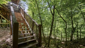 Una escalera de madera que lleva a una terraza de madera rodeada de un bosque.