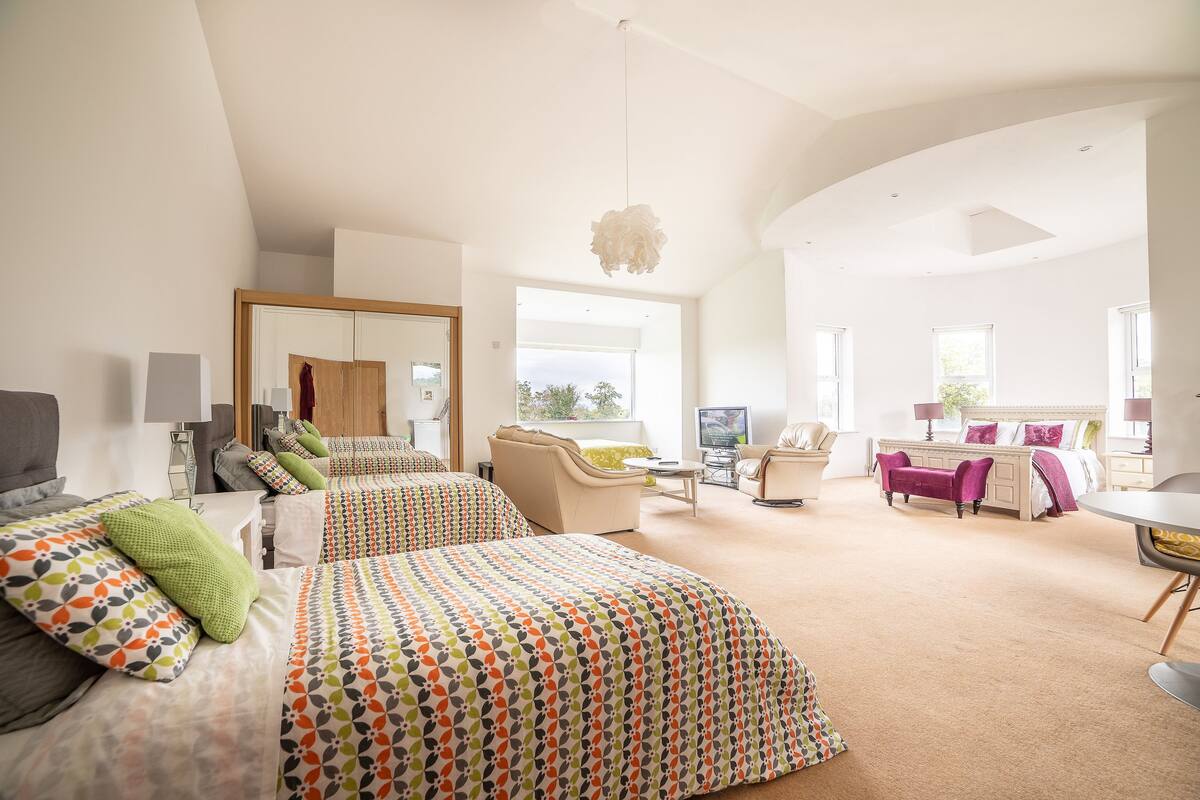 A spacious bedroom with a large bed, a sofa, a TV, and a dining area.
