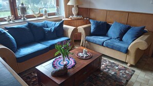 Una sala de estar con dos sofás azules, una mesa de centro de madera con un pájaro decorativo, una lámpara y vistas al exterior a través de una ventana.