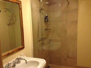 Shower, hair dryer, towels, soap