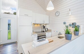Fridge, stovetop, dishwasher, coffee/tea maker