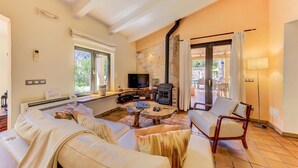 Un salon chaleureux avec une cheminée, des fauteuils confortables et un téléviseur.