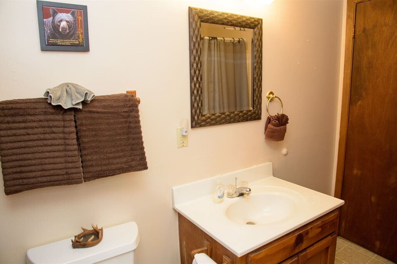 Ein Badezimmer mit einem weißen Waschbecken, einem Spiegel mit dekorativem Rahmen, einem Handtuchhalter mit zwei Handtüchern, einem Holzschrank und einem Bärenbild an der Wand.