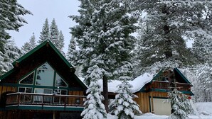 Una cabaña con una terraza amplia, rodeada de árboles cubiertos de nieve.
