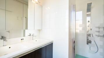 Shower, hair dryer, towels, soap