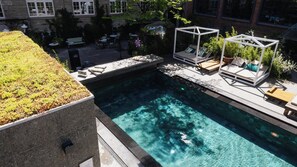 A rooftop pool with clear water, surrounded by lounge chairs and a small garden area. - Bryggen Guldsmeden  (Copenhagen)