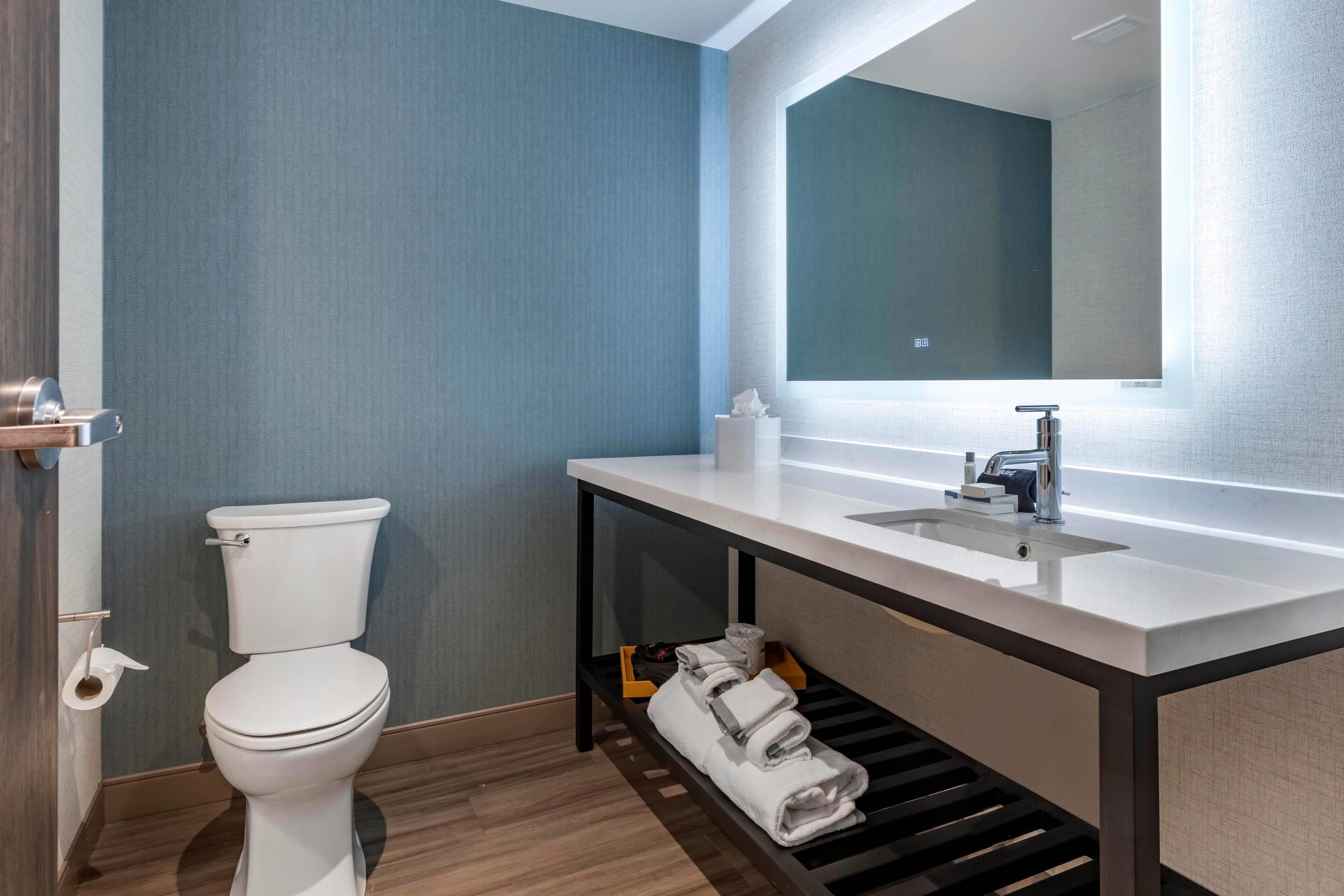 A modern bathroom with a toilet, sink, and mirror.