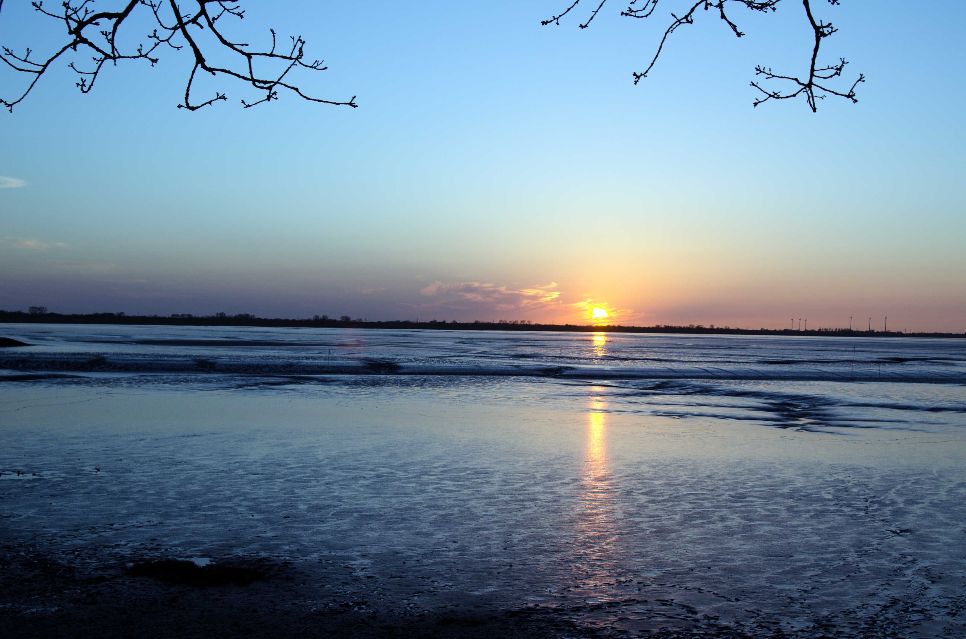 Un coucher de soleil sur une étendue d'eau calme, avec une côte lointaine à l'horizon.